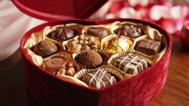 An open red velvet heartshaped box displays assorted chocolates in gold wrappers with blurred pink fabric and rose petals in the background