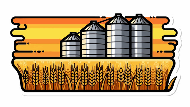 Stylized illustration of farm silos in a golden wheat field under a striped sunset