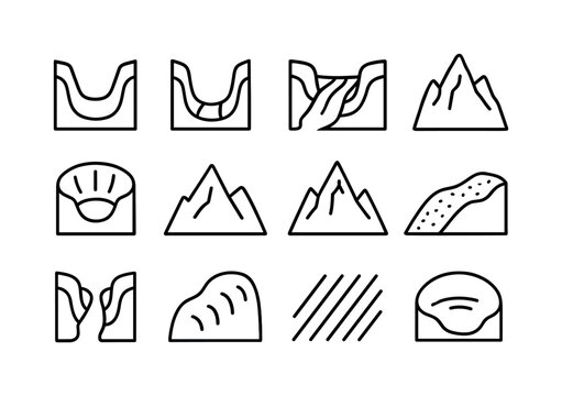 Glacial Relief Icons. Glacial relief. Line icon set of Glacial relief: U-shaped valley, hanging valley, glacial trough, glacier tongue, cirque headwall, arete