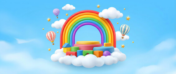 3d kids rainbow with blue sky, platform and floating balloons.