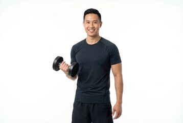 A man in sportswear smiling while holding dumbbells - Ideal for fitness promotion scenarios