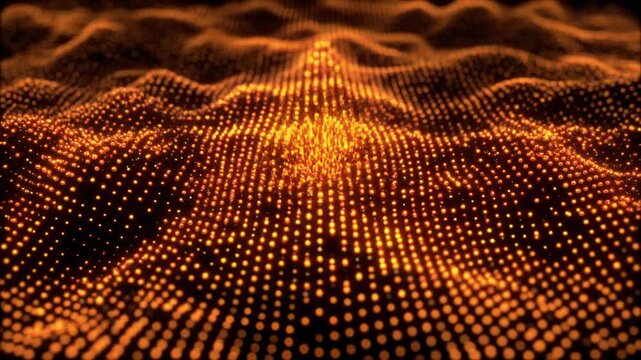 Abstract visualization of a glowing orange digital landscape with undulating terrain formed by countless small lights.
