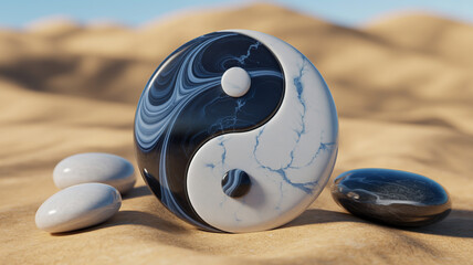 A striking yin and yang stone amidst desert sands and pebbles