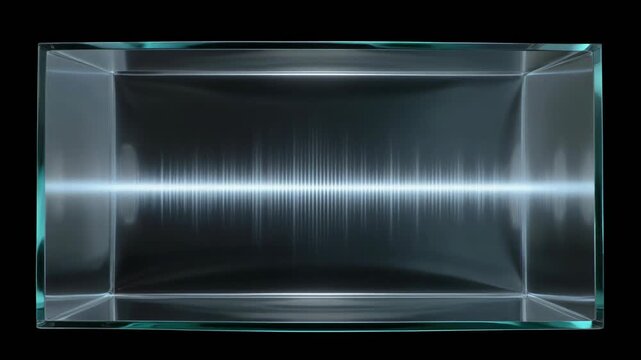 A glowing blue waveform is displayed within a clear glass rectangular prism against a black background.