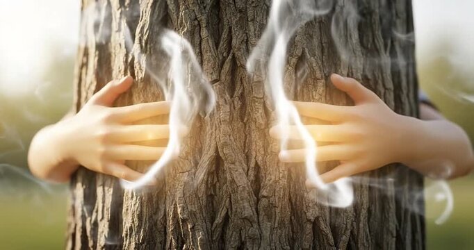 A person embracing a tree with glowing hands, surrounded by a serene outdoor setting