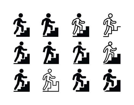 Poverty Alleviation Icons. poverty alleviation. Icon set. Set Logo of poverty alleviation: figure climbing upward steps. harmonious logo variations of the same