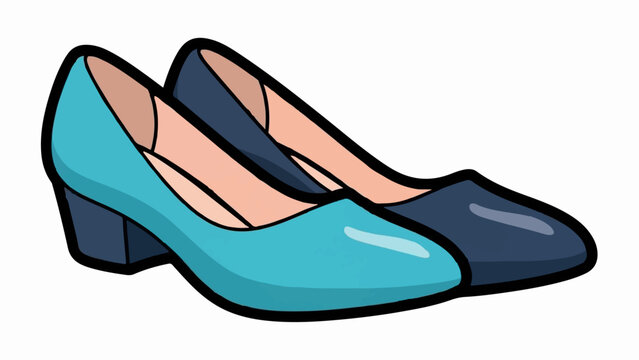 Two cartoon-style high-heeled shoes, one teal, one navy, are displayed side-by-side