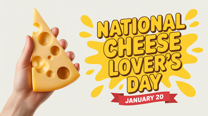 A hand holding a slice of swiss cheese with national cheese lover s day text