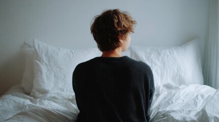 Person sitting on a bed with white sheets and pillows. the person is facing away from the camera, with their back towards the viewer.