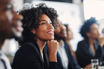 Close up of a Group of black people attend corporate event. Black business Audience watches projection screen with sustainability presentation . Professionals learn in classroom setting. Teamwork