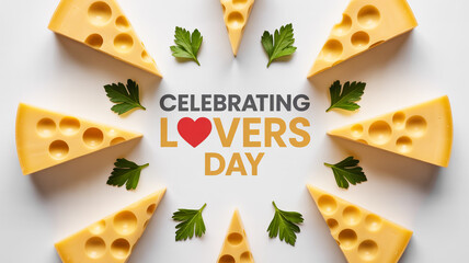 Cheese slices arranged around a valentine s day message with parsley sprigs