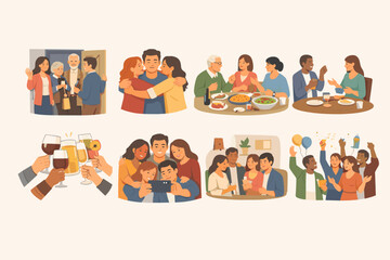 Diverse group of people enjoying meals and celebrations