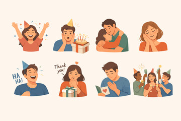 Celebration and birthday moments illustration set with diverse expressions
