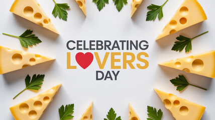 Cheese slices parsley and a valentine s day message on a white background