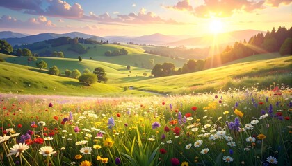 A vibrant landscape at sunrise with colorful flowers blooming across rolling hills under a clear sky