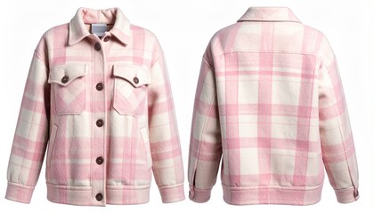 Front and back views of a pink and white plaid jacket