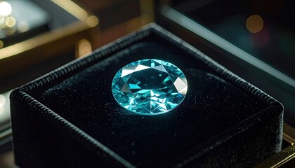 Exquisite blue gemstone on black velvet, lit