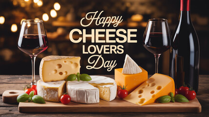 Happy cheese lovers day celebration with wine cheese and fresh produce