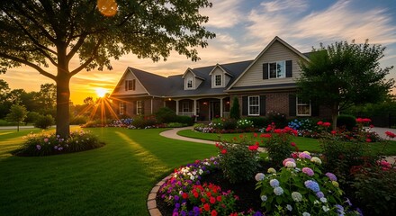 Picturesque Home at Sunset - A Serene Suburban Landscape.