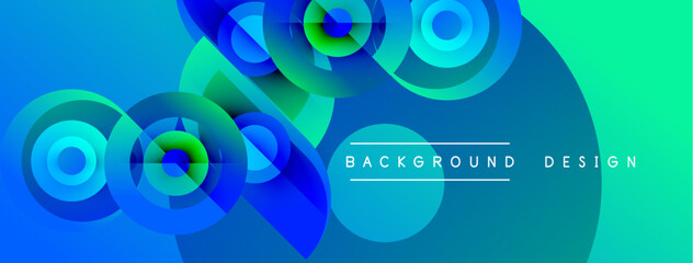 Obraz premium Abstract blue green gradient circles overlap. Modern design elements create dynamic visual impact. Background features text labels.
