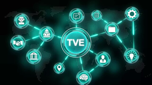 Digital world map with TVE acronym and connected business icons illustration global network