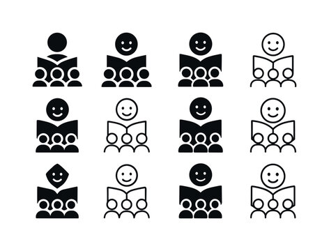 Reading Aloud Icons. Reading aloud to students. Icon set. Set Logo of Reading aloud to students: book and smiling face. harmonious logo variations of the same