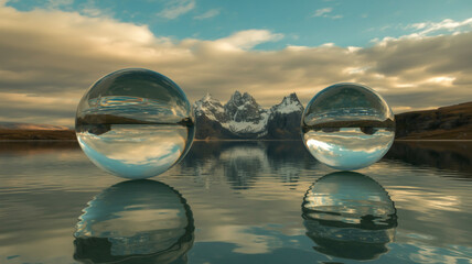 Reflections of majestic mountains within crystal spheres over tranquil water