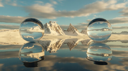 Reflections of majestic mountains captured within transparent spherical orbs