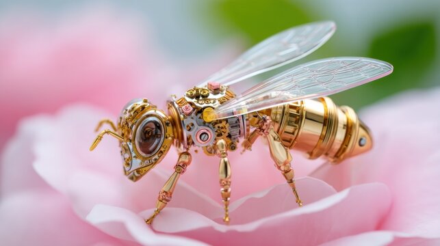 Macro photography of a robotic honey bee, body made of intricate gold metal gears and glass wings, sitting on a real flower, futuristic bionics concept