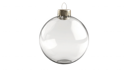 Clear glass christmas ornament with gold cap and loop for hanging decoration on transparent background