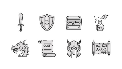 Fantasy icons sword shield treasure dragon.
