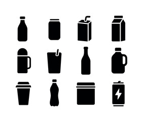 Beverage Packaging Icons. Beverage packaging. Solid icon set of Beverage packaging: bottle, can, juice box, milk carton, thermos, drink pouch, wine bottle,