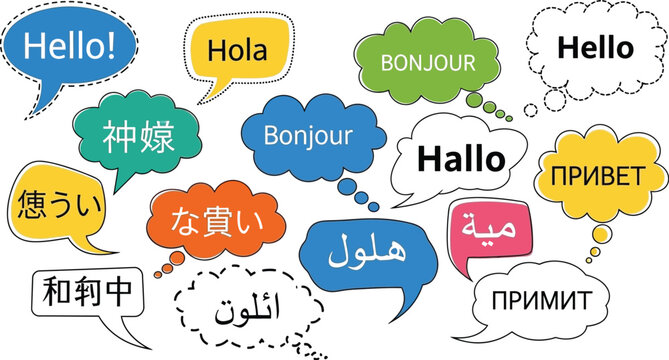 Diverse colorful speech bubbles featuring the word hello translated into multiple distinct world languages illustrating global communication concepts