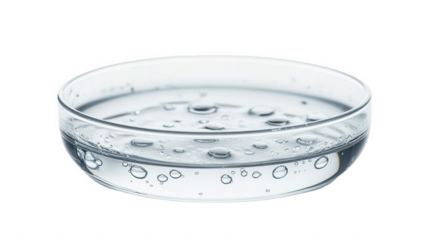 A clear glass bowl filled with water and bubbles on transparent background