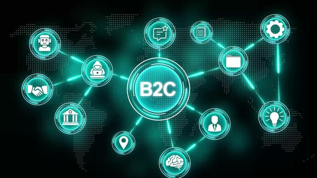 Global B2 C Business Network with Digital Icons and World Map Background business to consumer connection