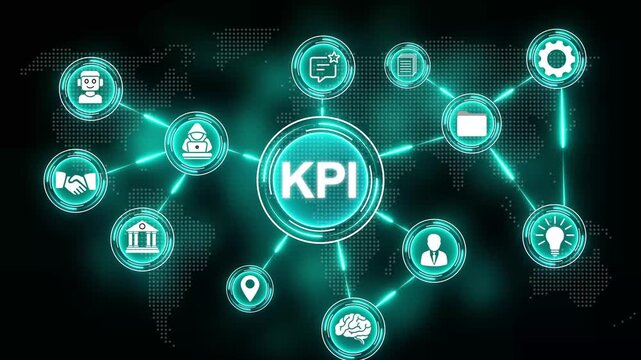 Digital KPI concept with global network connections and performance icons on dark background key performance indicator