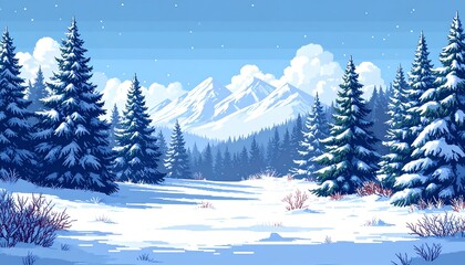 Obraz premium A serene winter landscape featuring snow-covered pines and distant majestic mountains