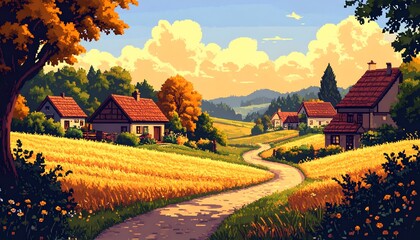 Naklejka premium A picturesque countryside scene featuring golden fields, cozy houses, and vibrant trees