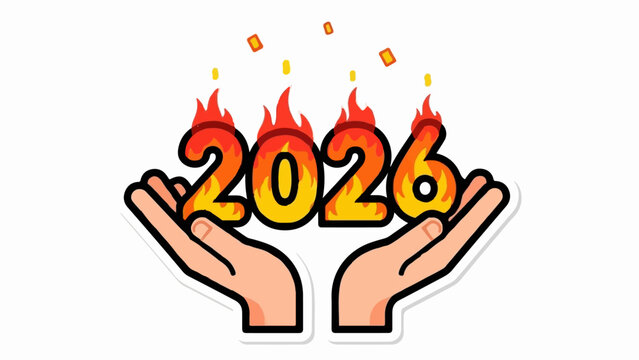 Two hands cradling the fiery year 2026, with sparks raining down