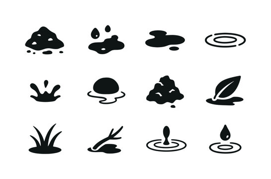Soil and Water Icons. Soil and water. Solid icon set of soil and water: wet soil, mud, puddle, water ripple, splash, stone, clay, leaf, grass, twig,