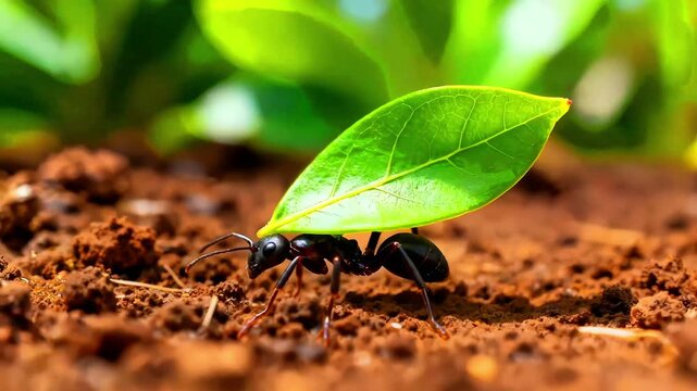 A solitary black ant diligently carries a vibrant green leaf fragment across rich brown soil in a macro nature close-up photograph.