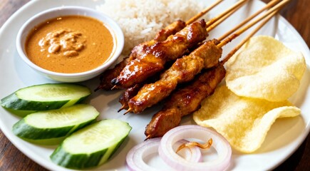 Delicious Chicken Satay Platter with Peanut Sauce, Rice, and Fresh Condiments