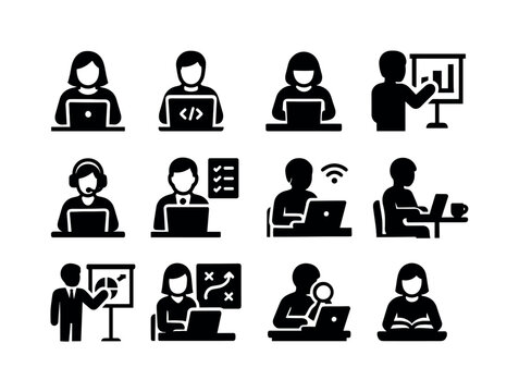 Working Professionals Icons. Working Professionals. Solid icon set of Working Professionals: designer at laptop, coder at laptop, writer typing, analyst