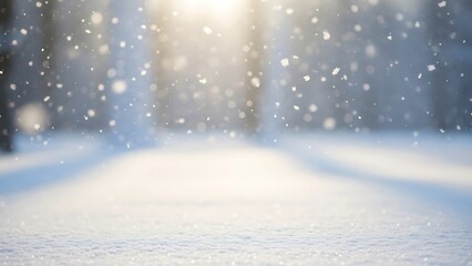 Snow falling on a blurred background with sunlight shining through snowfall winter