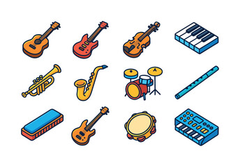 Obraz premium Colorful Instrument Icons. Musical instruments. Colorful isometric vector icons set of musical instruments: acoustic guitar, electric guitar, violin, piano