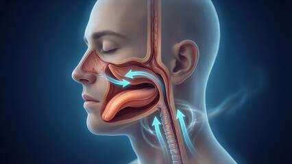 A side view anatomy showing a blocked airway and airflow arrows explaining sleep apnea breathing obstruction during sleep