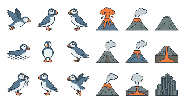 Puffin and Volcano Icon Set Illustration.