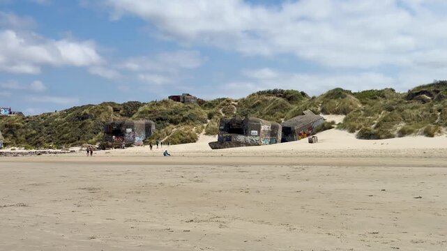 Historical WWII Concrete Bunkers on a Sandy Beach in Dunkirk France