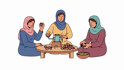 Three women in hijabs sit around a table, processing nuts with a grinder and collecting oil