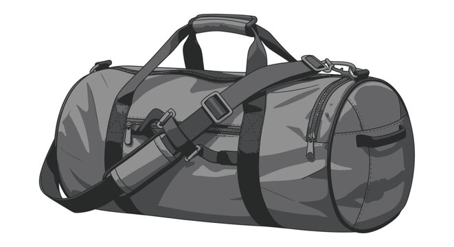 A gray cylindrical duffel bag with black straps and zippers designed for travel and sports.